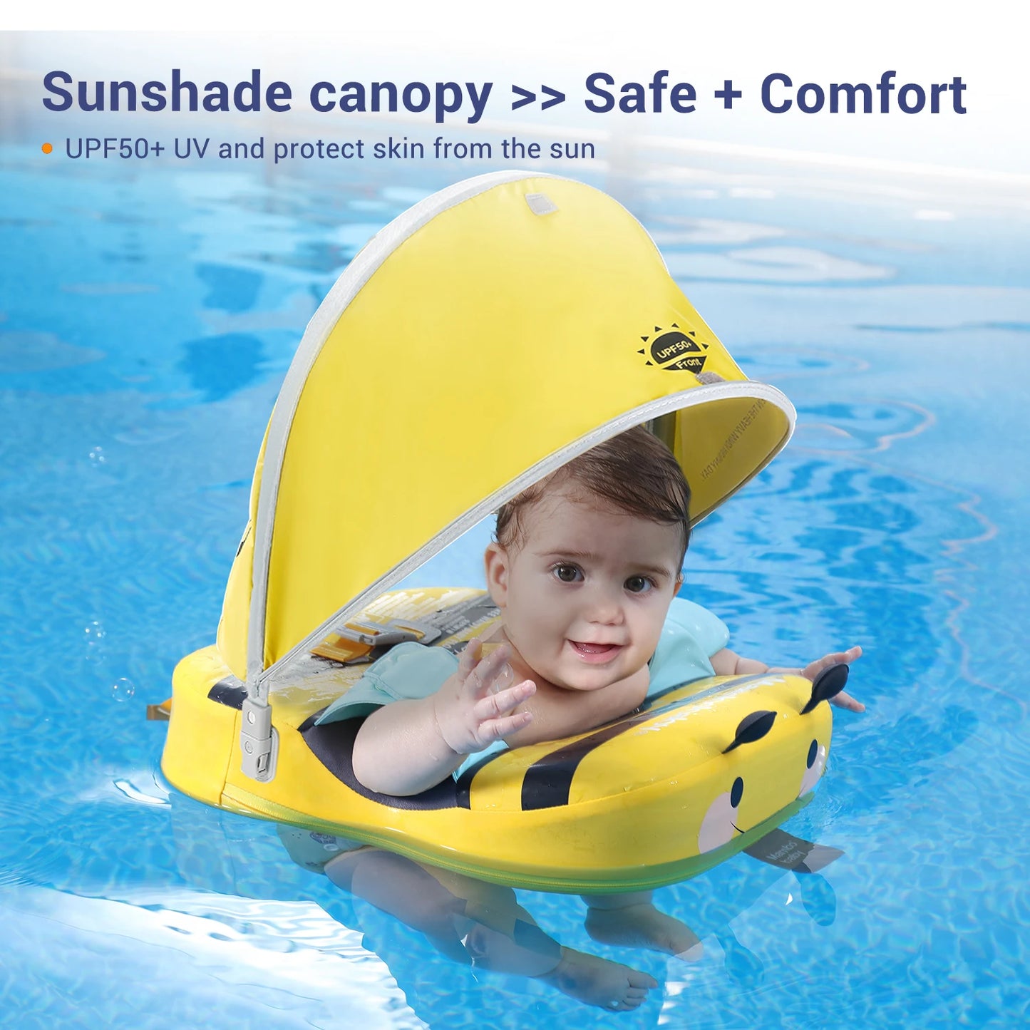 Mambobaby Shoulder Float with Croth Strap Non-Inflatable Baby Swim Ring with Canopy Kid Swimming Pool Float Child Water Circle