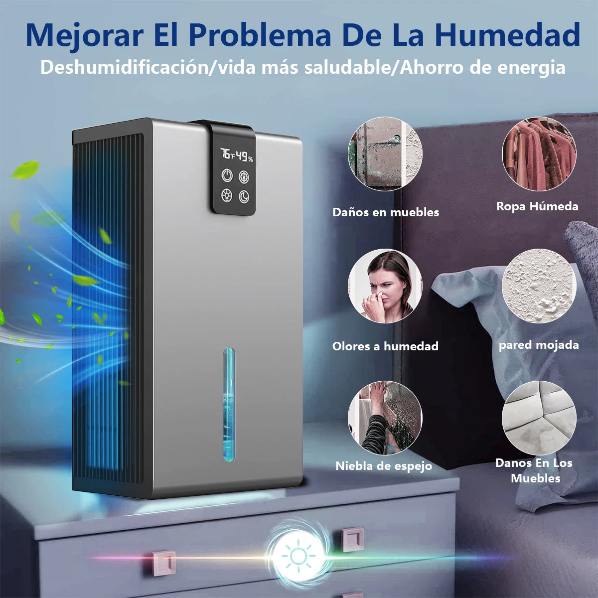 Home dehumidifier, suitable for a 950 sq ft bathroom, silent operation, humidity monitoring, automatic shut-off, and RV-specific.