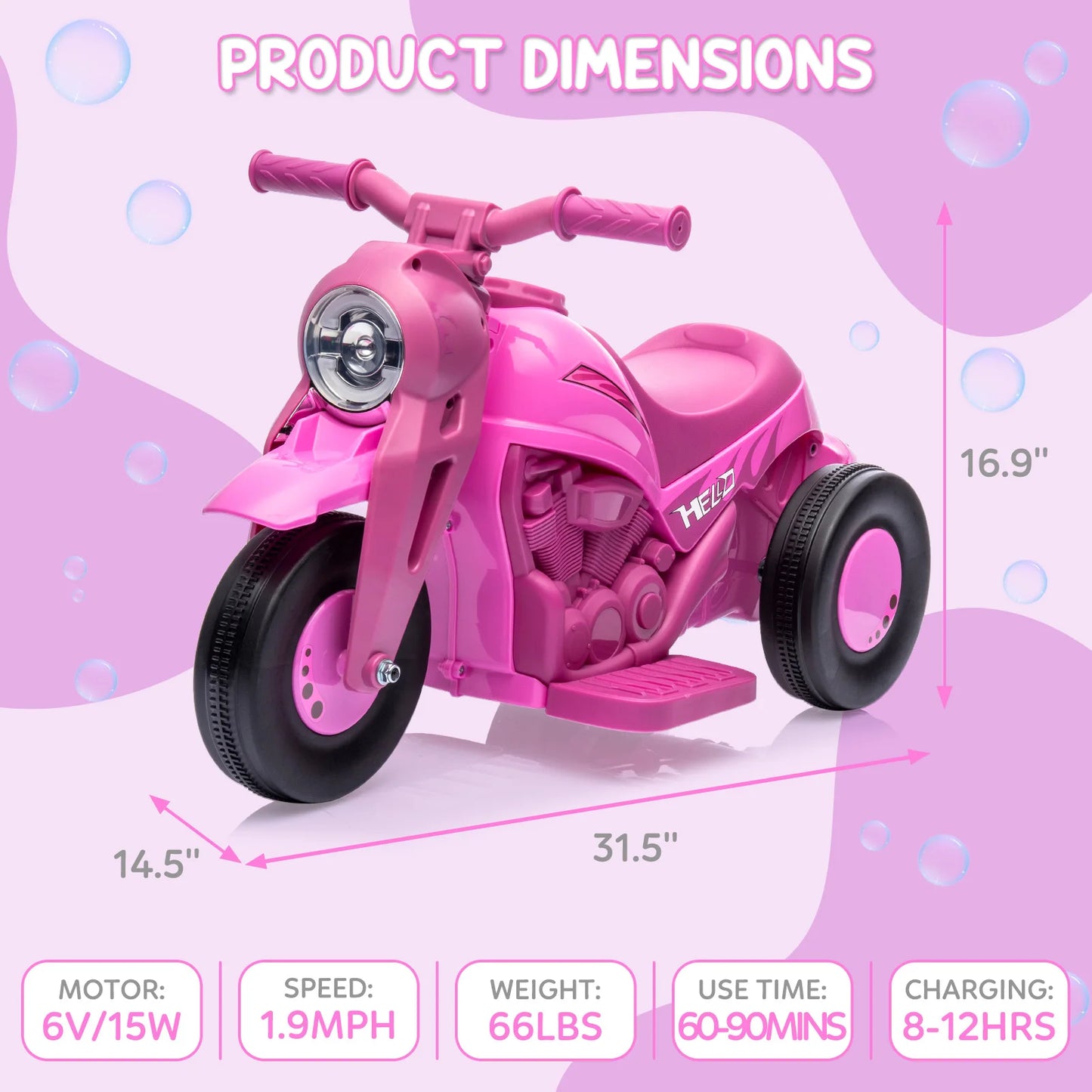 Kids Ride-On Bubble Car 6V Battery-Powered Electric Motorcycle with Led Headlights, Music, Motorbike Toy Gift for Toddlers 3+
