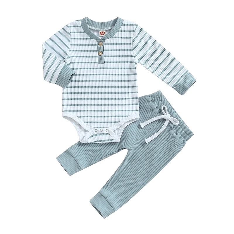2023-06-29 Lioraitiin 0-24M Infant Baby Boy 2Pcs Fall Outfits Long Sleeve Striped Print Romper Pants Set Infant Warm Clothes