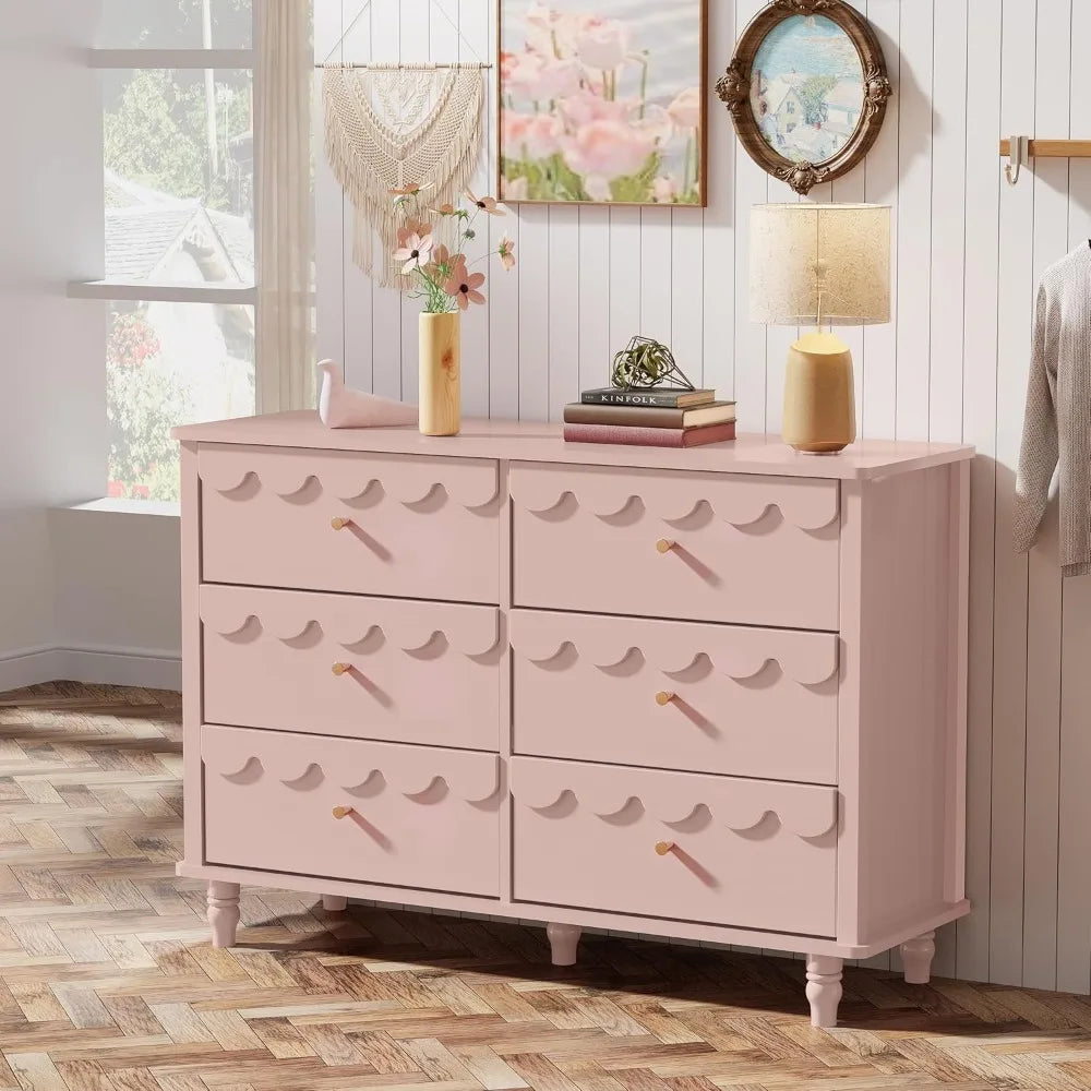 Bedroom Set 2 PCS 6 Drawer Dresser and Night Stand Sets for Bedroom, Two Drawers Nightstand & Scalloped 6 Drawer Dresser Combo