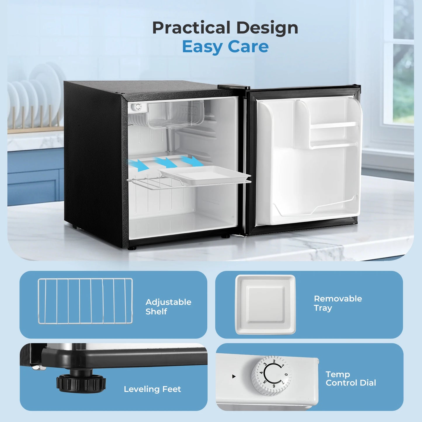Mini Fridge 1.6 Cu.ft, Compact Small Drinks Refrigerator, Energy Saving, Adjustable Thermostat Dorm, Apartment, Bedroom, Black