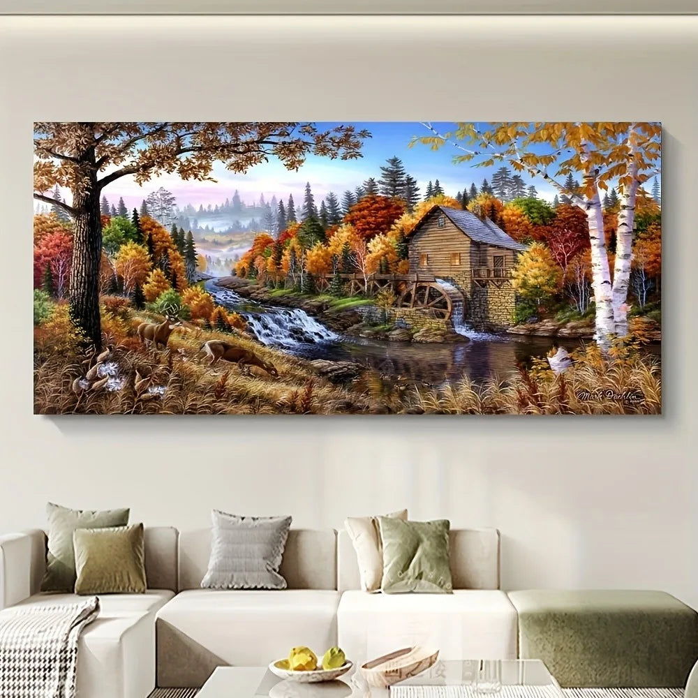 Autumn landscape canvas mural, modern abstract natural landscape print, 1.5 inch thick pine solid wood frame