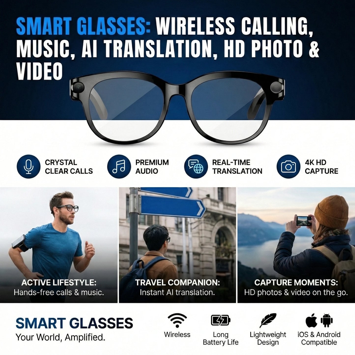 SENBONO 2026 New Smart Glasses 200W Pixels Camera Portable Charger 100+language Translation Bluetooth Call Music Player Glasses