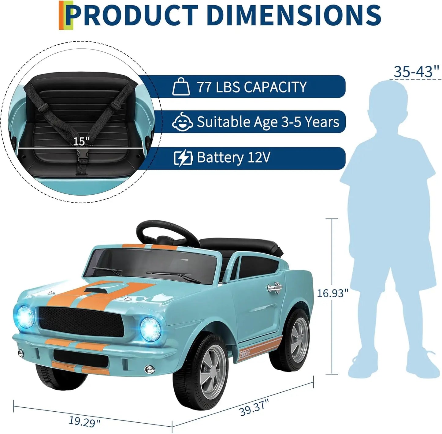 12V Electric Car for Kids Battery Powered Ride on Toy for Toddlers with Remote Control,Bluetooth,LED Lights,Music,3 Speeds