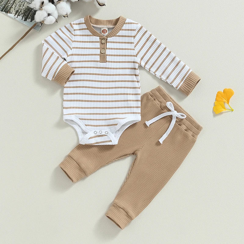 2023-06-29 Lioraitiin 0-24M Infant Baby Boy 2Pcs Fall Outfits Long Sleeve Striped Print Romper Pants Set Infant Warm Clothes