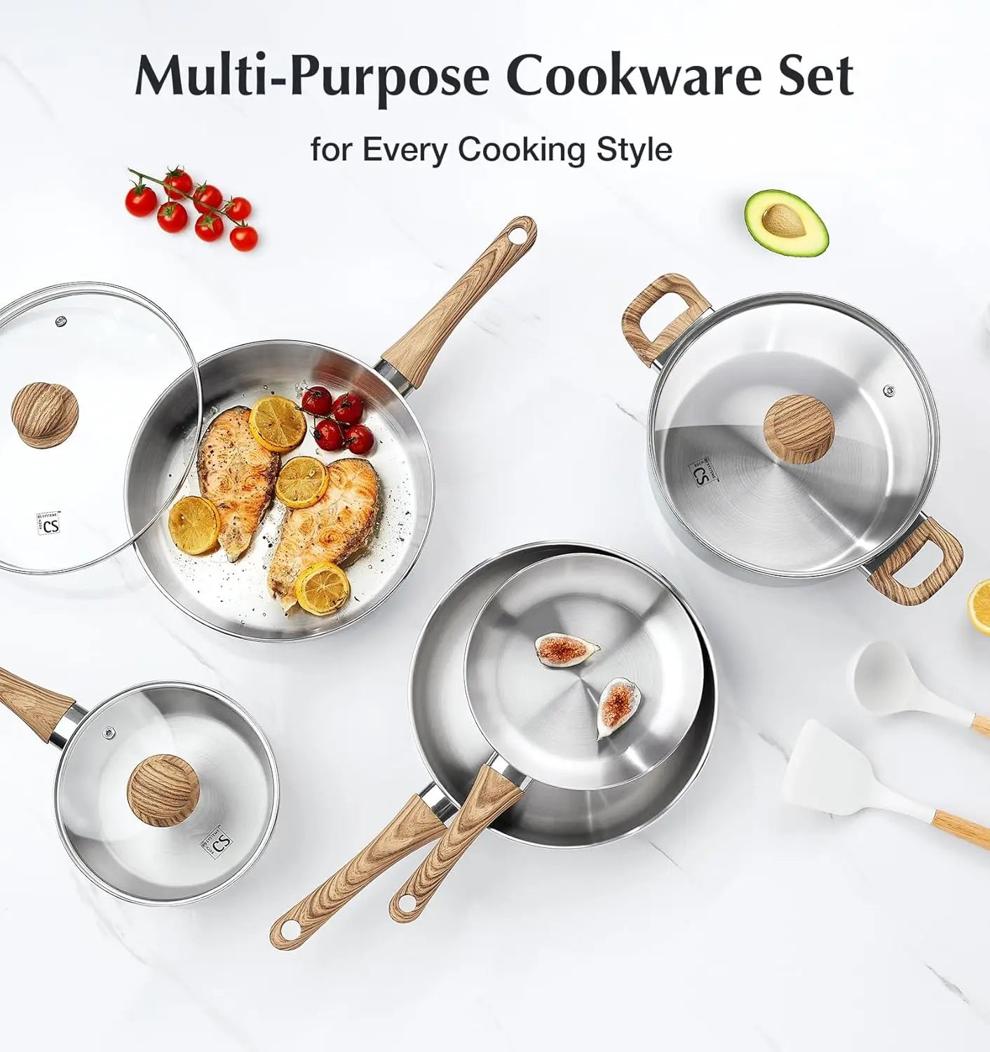 Stainless Steel Coowkare Set 10PCS, Professional 18/10 Stainless Steel Pots and Pans Set with Cool-Touch Handles