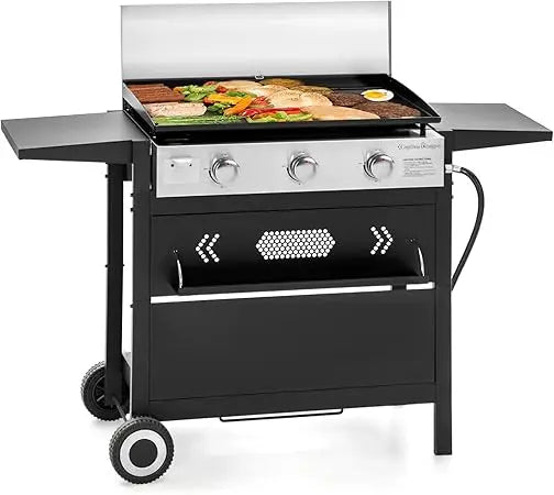 27 inch BBQ Propane Gas Griddle, Freestanding/Tabletop Flat Top Griddle w/Ceramic Coated Cast Iron Pan, 3 Burner Lift-Off Gridd