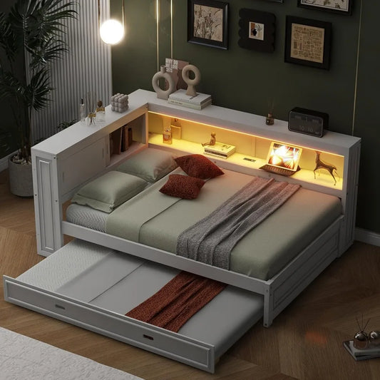 Full Size Daybed with Trundle and Storage Bookcase, L Shaped Daybed with LED Lights & USB Ports, Full Corner Bed Frame with Con