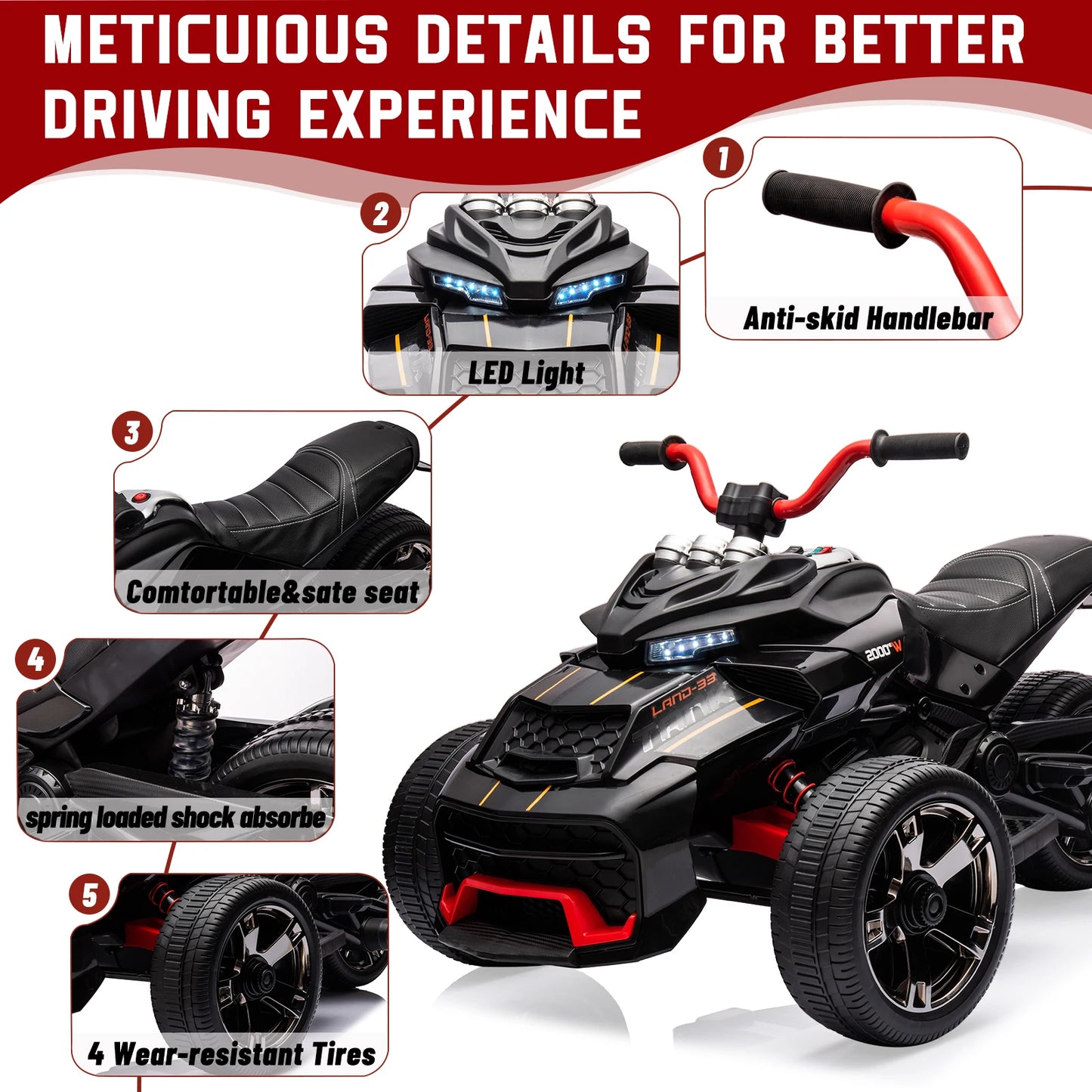 12V Kids Ride-on ATV Motorcycle, 3-Wheeler Electric Toy Car with LED Lights, Music, Horn, USB & Treaded Tires Battery-Powered