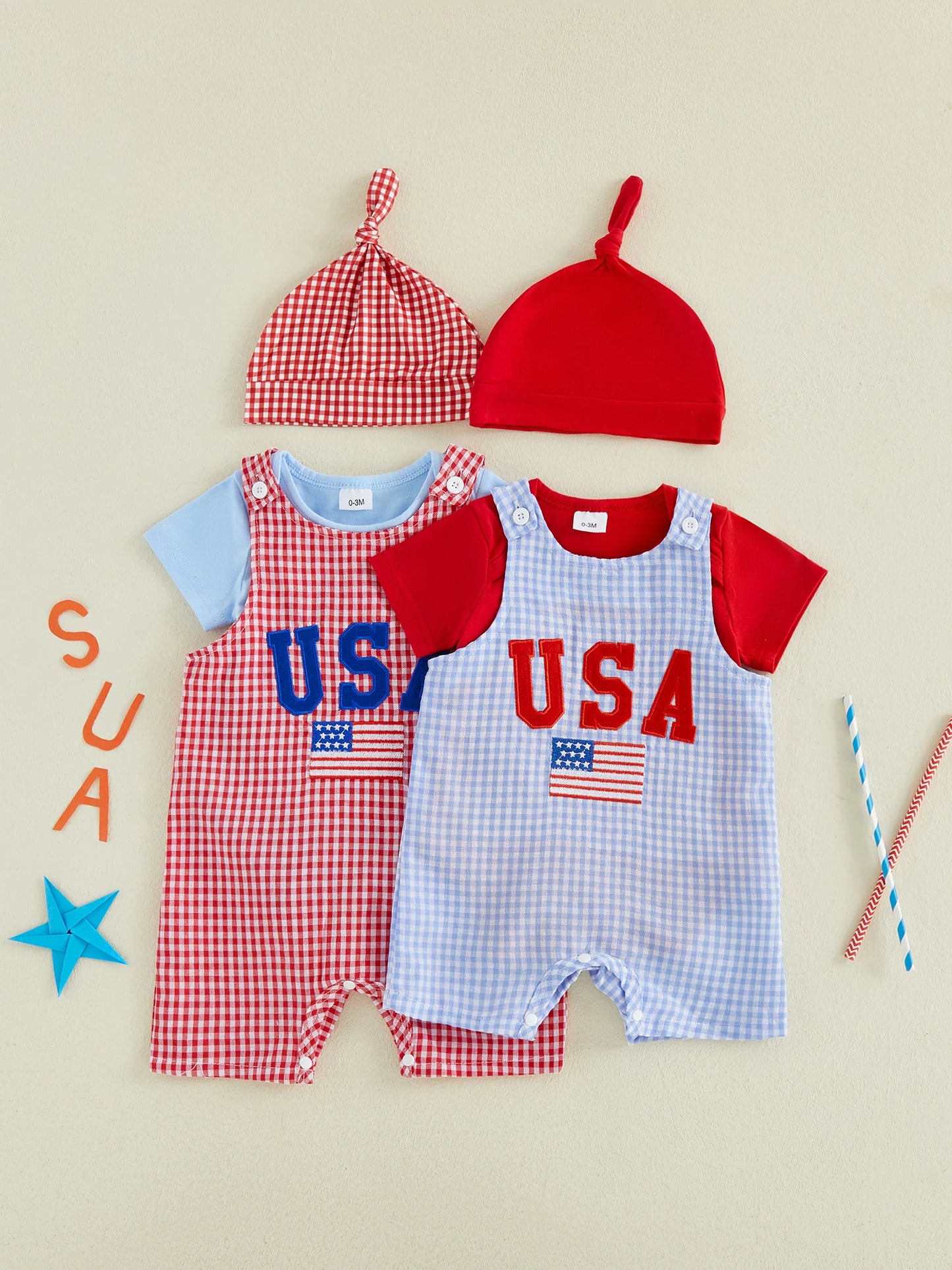 Toddler Boys 4th of July Clothing Set Short Sleeve Romper Plaid Overalls Hat Independence Day Outfit 3 Piece Suit