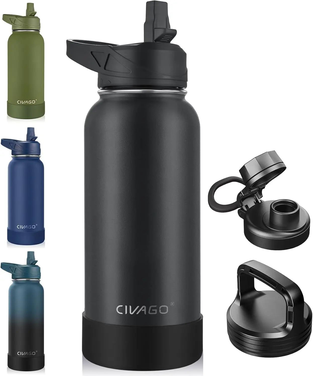 32 oz Insulated Water Bottle with Straw, Stainless Steel Sports Cup with 3 Lids, Wide Mouth Thermal Mug, Black