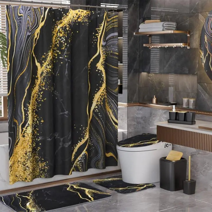 Black and Gold Waterproof Shower Curtain Set with Non-Slip Bathroom Rugs and Accessories for Modern Decor