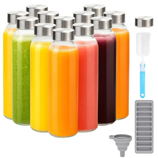 Glass Water Bottles with Lids 18 oz, 12 Pack Reusable Juice Bottles With Stainless Steel Airtight Cap for Juicing, Leak Proof Cl